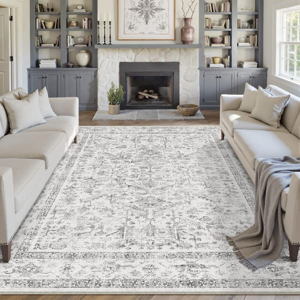 Lausanne Gray 9 ft. x 12 ft. Distressed Vintage Floral Washable Area Rug