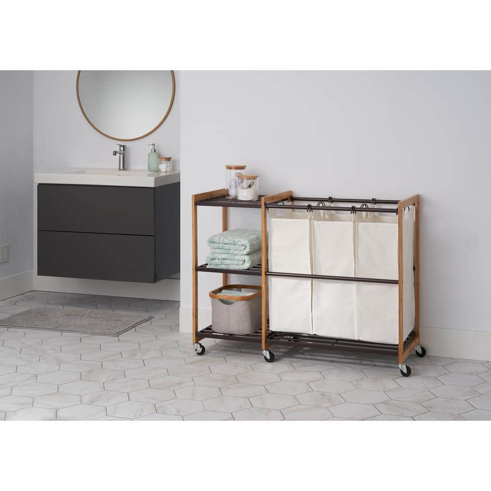 Bronze Bamboo 3-Bag Laundry Station with Wheels