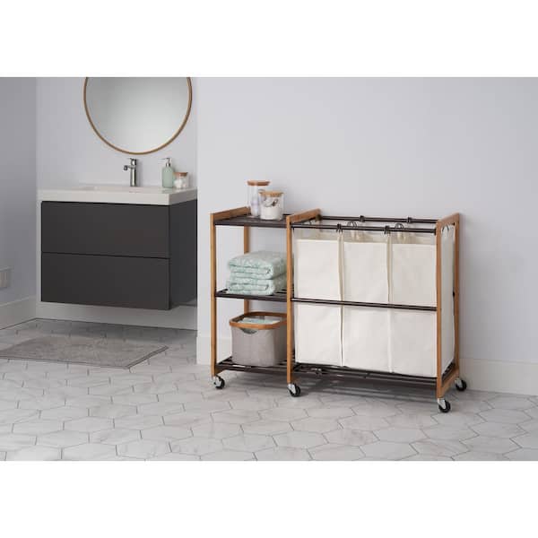 EcoStorage Wheeled 3-Bag Bamboo Laundry Station in Bronze