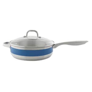 Stripes 11 in. 5 qt. Stainless Steel Saute Skillet in Brushed Stainless Steel with Glass Lid and Blue Cove Band