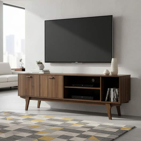 Anona 71 in. Walnut Composite TV Stand Fits TVs Up to 114 in. with Storage Doors