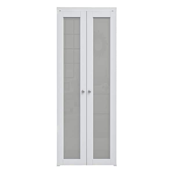 ARK DESIGN 30 in. x 80 in. 1-Lite Frosted Glass Solid Core White Finished MDF Pantry Pivot Bi-fold Door with Pivot Hardware