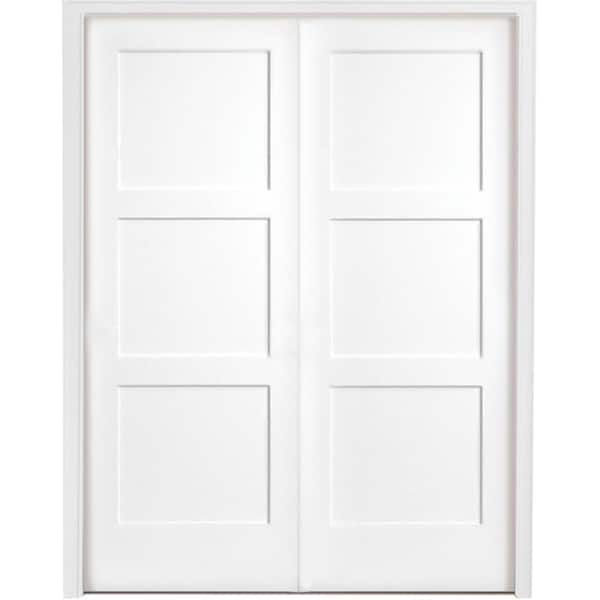 Steves & Sons 48 in. x 80 in. 3-Panel Equal Shaker White Primed Solid Core Wood Double Prehung Interior Door with Bronze Hinges