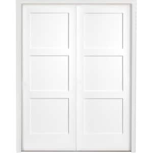 60 in. x 80 in. 3-Panel Equal Shaker White Primed Solid Core Wood Double Prehung Interior Door with Nickel Hinges