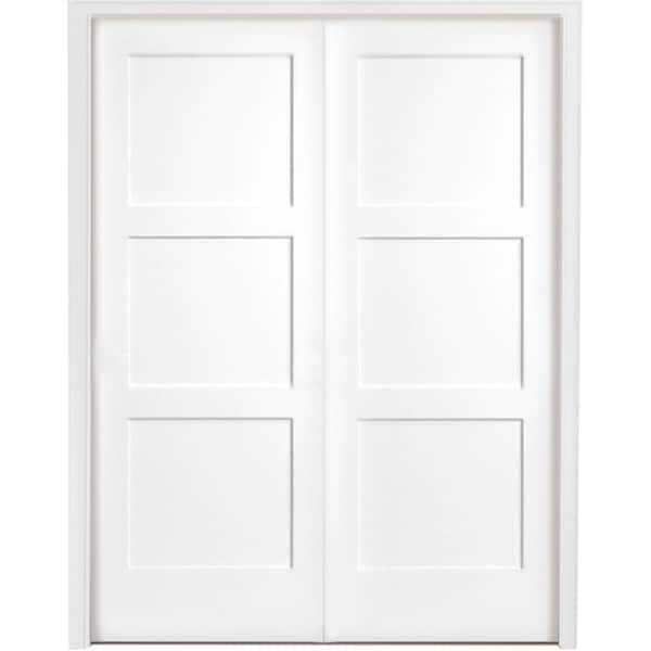 60 in. x 80 in. 3-Panel Equal Shaker White Primed Solid Core Wood Double Prehung Interior Door with Nickel Hinges