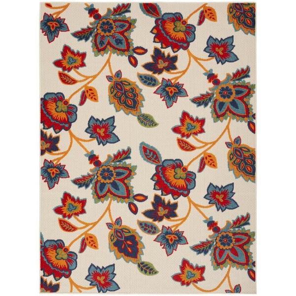 7' X 10' Red And Ivory Floral Indoor Outdoor Area Rug