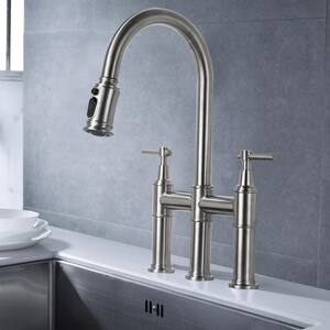 Double Handle Bridge Kitchen Faucet with Pull-Down Spray head in Spot in Brushed Nickel