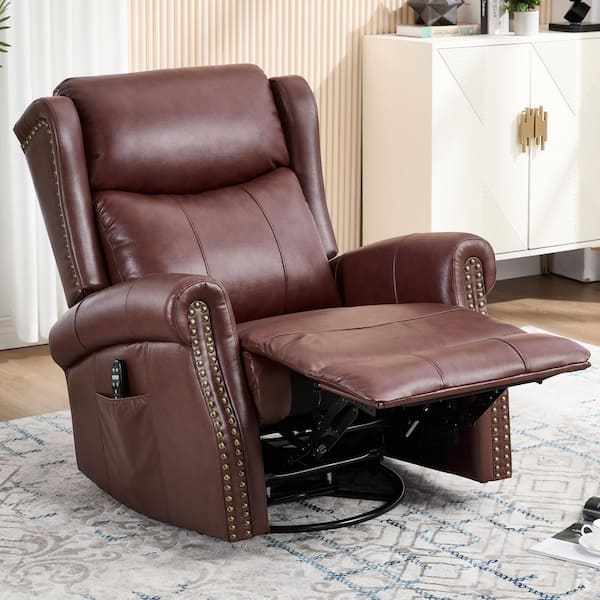aisword Wine Red Genuine Leather Manual Swivel Glider Recliner