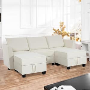 Modular Reversible U-Shaped Sectional Sofa with Double Chaise and Ottomans, Modern Linen Couch with Storage Seats, White
