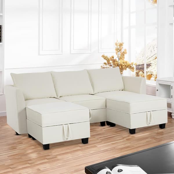 MAYKOOSH Modular Reversible U-Shaped Sectional Sofa with Double Chaise and Ottomans, Modern Linen Couch with Storage Seats, White