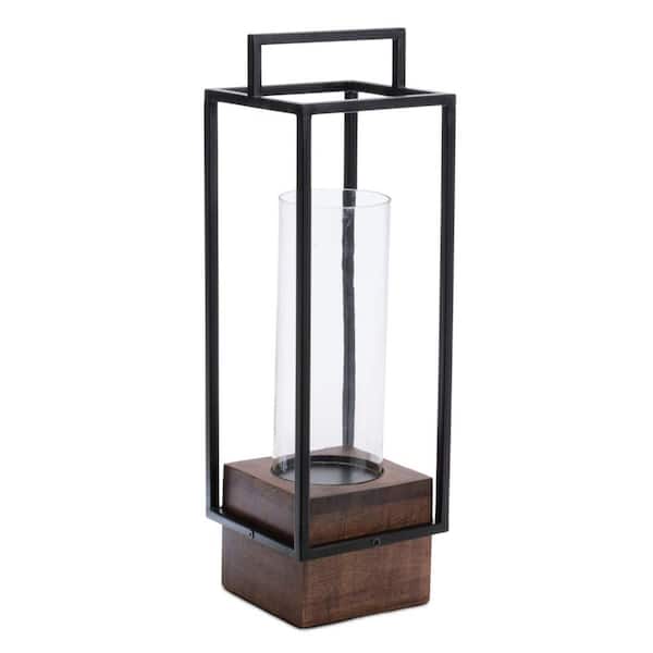 20 in. Black and Brown Metal and Solid Wood Tabletop Lantern Candle Holder