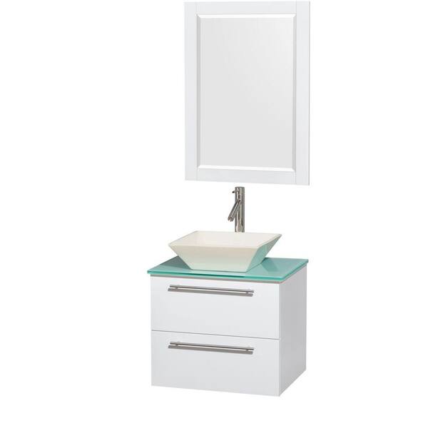 Wyndham Collection Amare 24 in. Vanity in Glossy White with Glass Vanity Top in Green with Bone Porcelain Sink and 24 in. Mirror