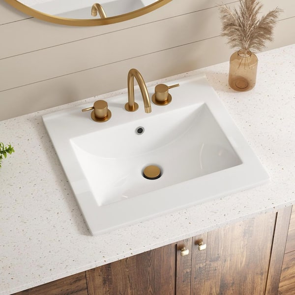 Drop In Bathroom Sink 20 x 18 in. White Ceramic Rectangular with 8-in Widespread Faucet Holes & Chrome-Finish Overflow