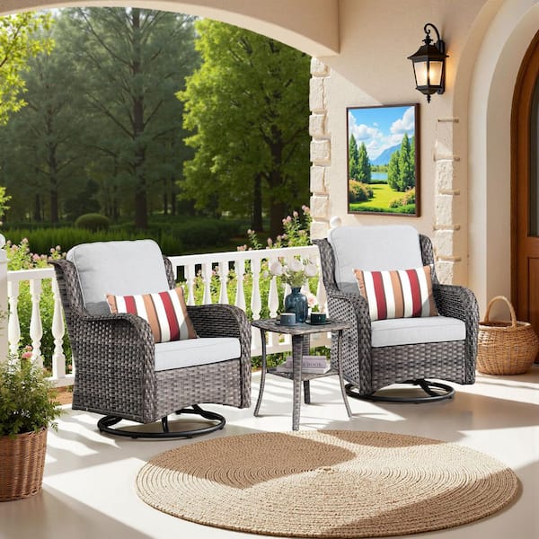 Clario 3-Piece Wicker Outdoor Rocking Chair Patio Swivel Chair Set with Gray Cushion, Side Table for Backyard