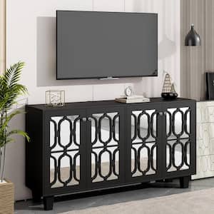 Black MDF 63 in. 4-Door Mirrored Buffet Sideboard with Adjustable Shelves, Mirrored Hollow-Carved Pattern