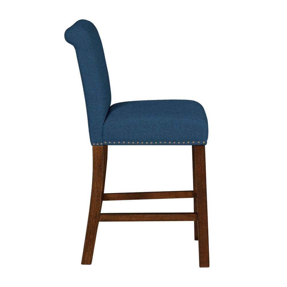 Aubrey Blue Upholstered Wood Counter Stools with Nailhead Trim