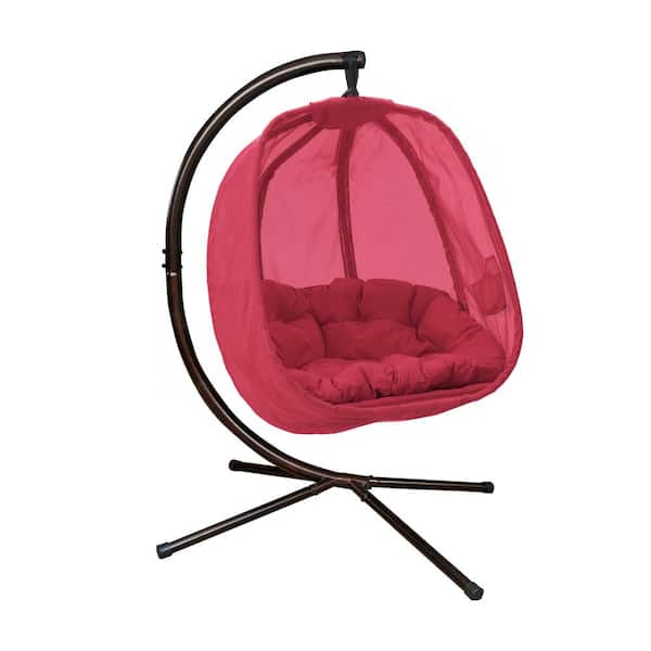 FlowerHouse 5.5 ft. Free Standing Hanging Cushion Egg Chair Hammock with Stand in Red Mesh