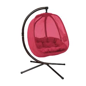 5.5 ft. Free Standing Hanging Cushion Egg Chair Hammock with Stand in Red Mesh