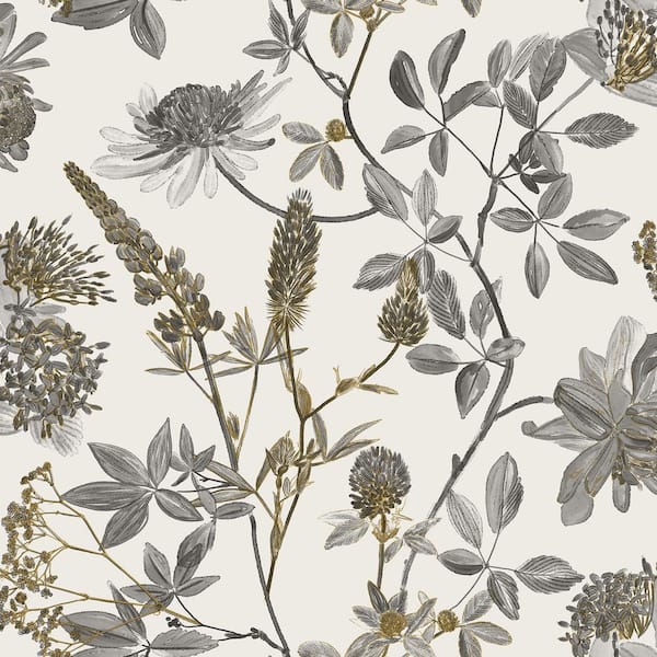Botanical Blueprint Painterly Branches Grey with Ecru Cream Ground Wallpaper Sample