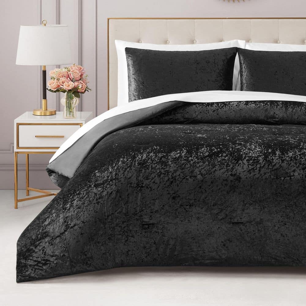 JUICY COUTURE Crushed Velvet 3-Piece Black Solid Polyester King ...