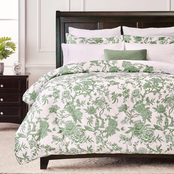 CHANASYA Chanasya 3-Piece Antique Toile Sage Print Microfiber Duvet Cover Set, Queen