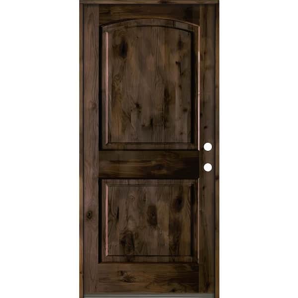 42 in. x 80 in. Rustic Knotty Alder 2-Panel Arch Top Left-Hand/Inswing BEHR True Black Stain Wood Prehung Front Door