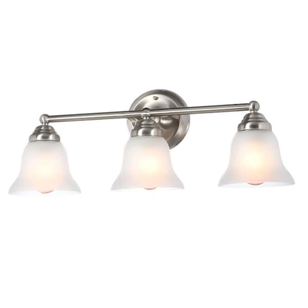 Hampton Bay Ashhurst 3-Light Brushed Nickel Classic Traditional Bathroom Vanity Light with Frosted Glass Shades