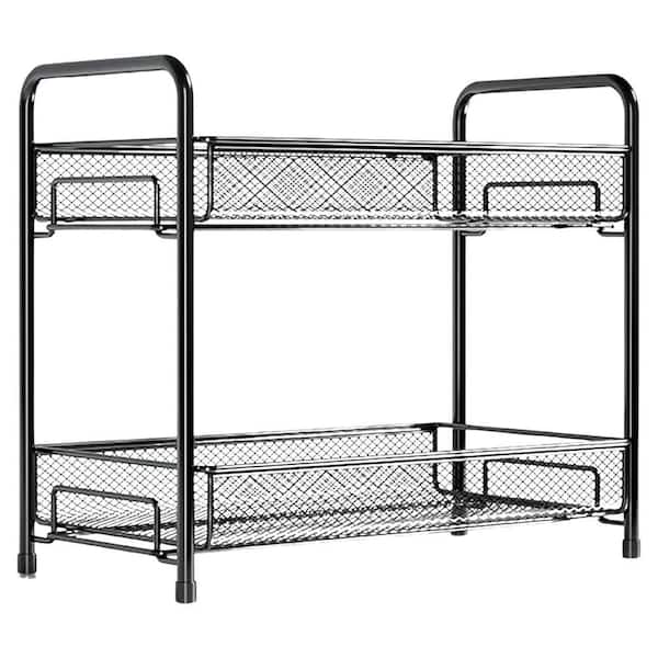 2-Tier Black Countertop Standing Spice Rack Organizer Foldable Metal Mesh Shelving Unit with Guardrail for Kitchen