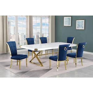 Miguel 7-Piece Rectangle White Wood Top Gold Stainless Steel Dining Set with 6-Navy Blue Velvet Chairs