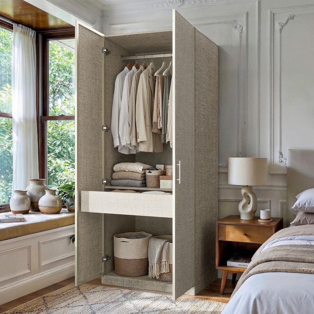 Beige-B Wood 31.5 in. Wardrobe Armoire with Hanging Rod, Interior Shelves, Soft Close Doors For Bedroom Storage
