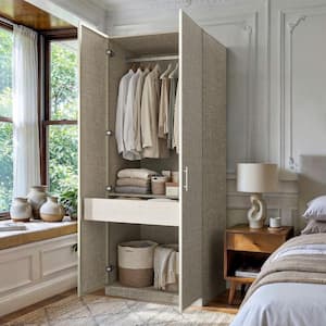Beige-B Wood 31.5 in. Wardrobe Armoire with Hanging Rod, Interior Shelves, Soft Close Doors For Bedroom Storage