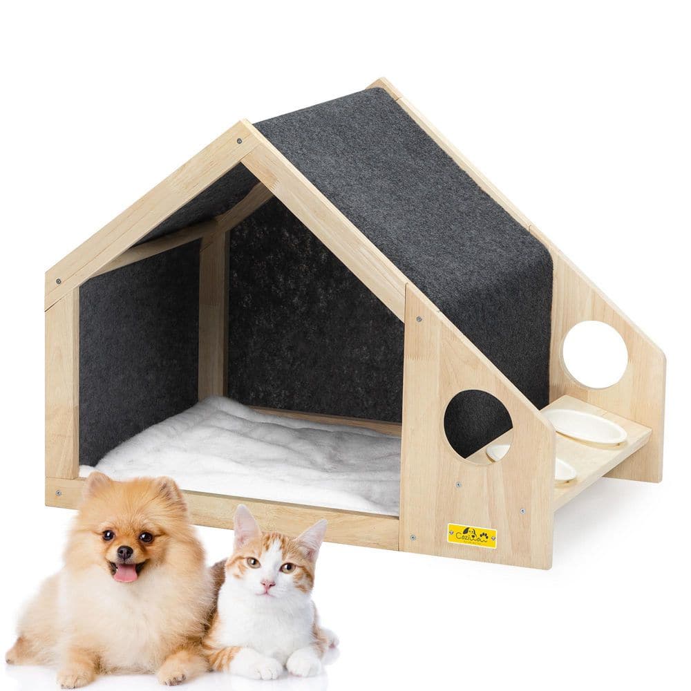 COZIWOW Wood Dog House with Cushioned Bed and Bowls, Natural Wood + Gray