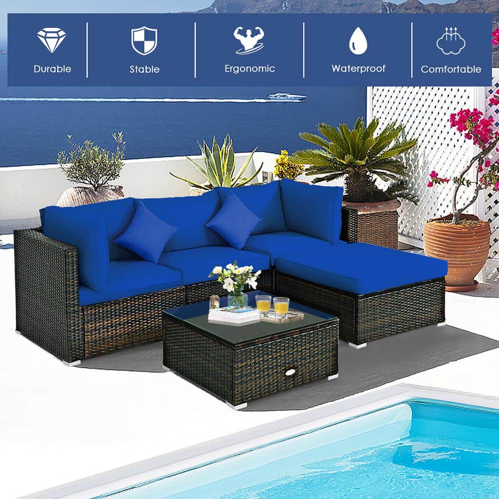 Navy Cushioned 5-Piece Brown Steel Patio Seating Set