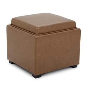 Riley 18 in. Wide Leather Contemporary Square Storage Ottoman with Tray Serve as Side Table in Saddle Brown