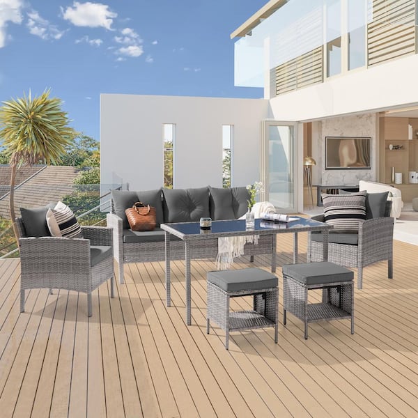 Sonkuki 6-Piece Patio Sofa Set PE Wicker with Tempered Table and Ottoman, Gray Cushion