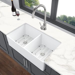 White Ceramic 32.13 in. Double Bowl Farmhouse Apron Kitchen Sink with Bottom Grid and Strainer