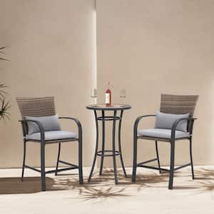 3-Piece Wicker Bar Height Outdoor Bistro Set with Gray Cushions