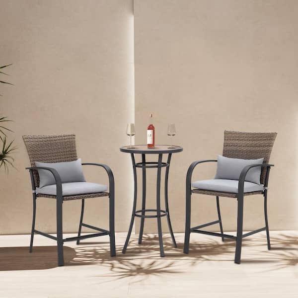 Unbranded 3-Piece Wicker Bar Height Outdoor Bistro Set with Gray Cushions
