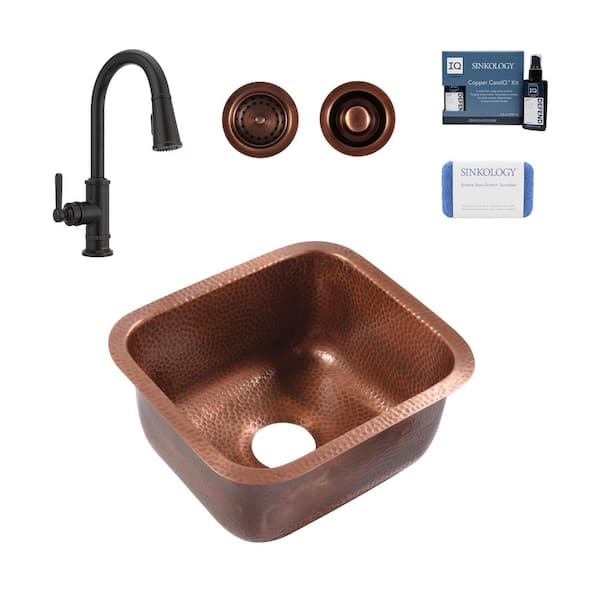 Orwell 16 Gauge Copper 17 in. Undermount Single Bowl Bar Sink in Antique Copper with Port Haven Bronze Faucet Kit