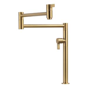 Solid Brass Deck Mount Pot Filler Faucet, Pot Filler with Stretchable Double Joint Swing Arm in Brushed Gold
