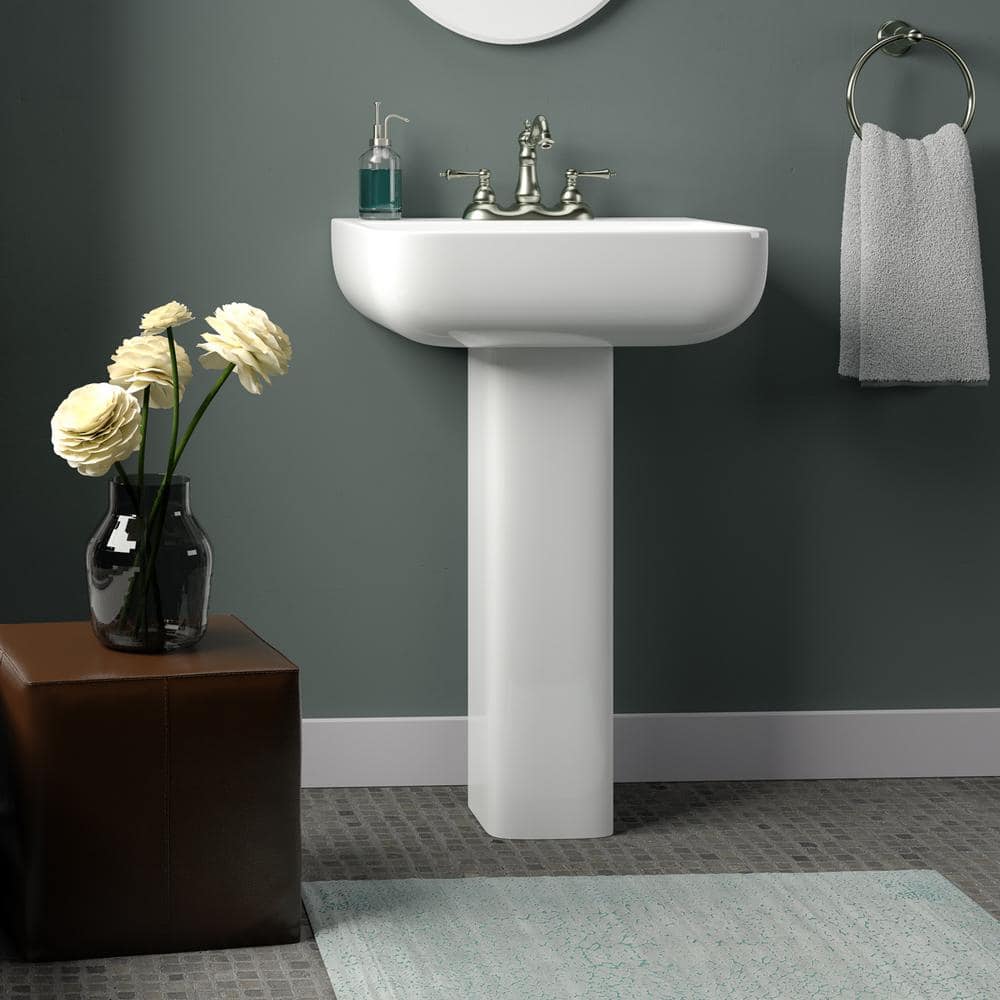 White Vitreous China Rectangular Pedestal Bathroom Sink with Overflow