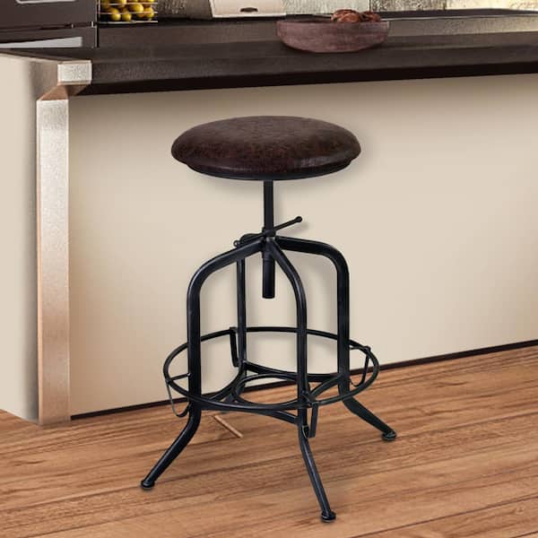 Armen Living Elena 24-32 in. Brown Fabric and Industrial Gray Finish Adjustable Bar Stool