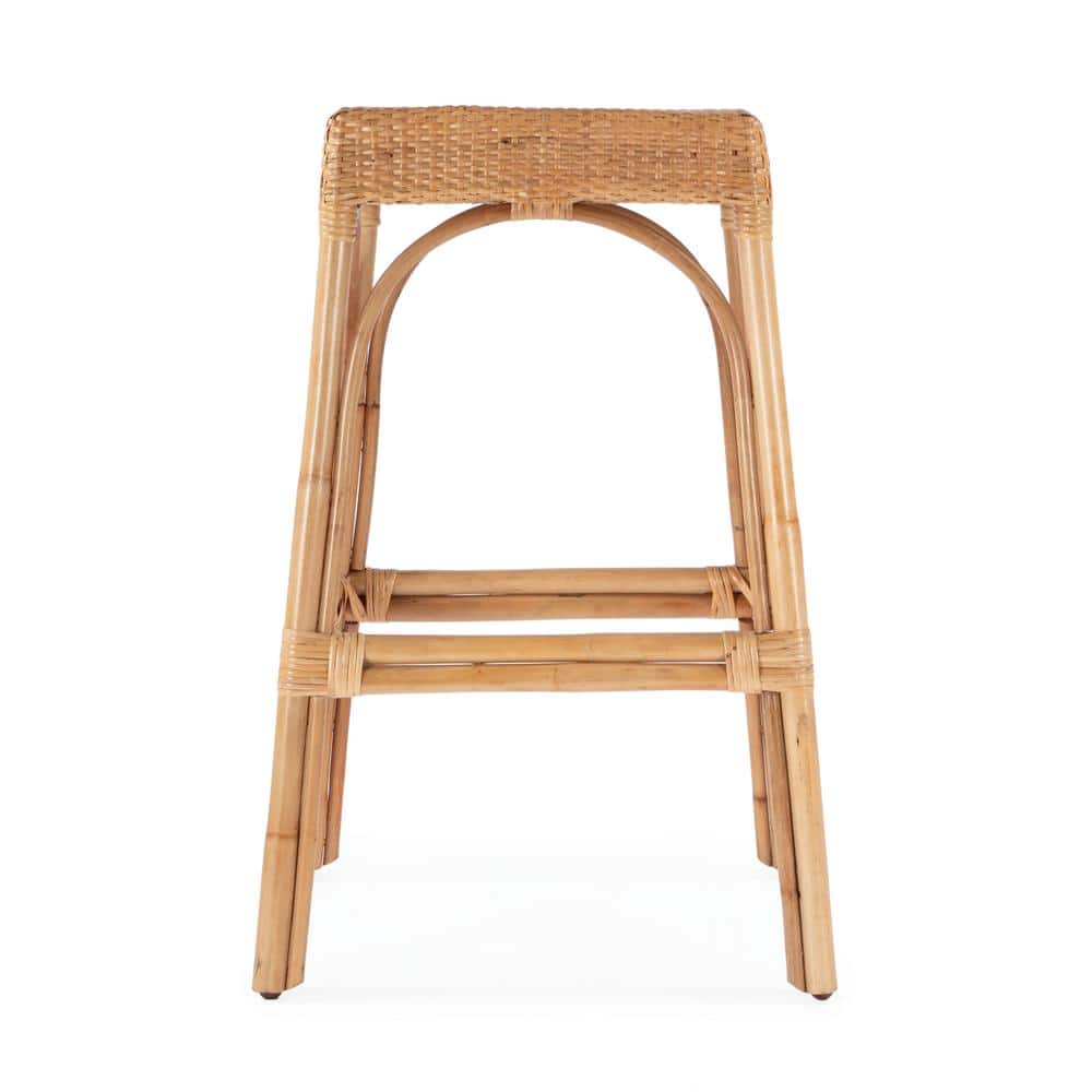 Natural Rattan and Wood Backless Bar Stool, 30" Height