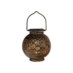 Battery Operated Bronze Metal Lantern with Cut Out Design and White Lights