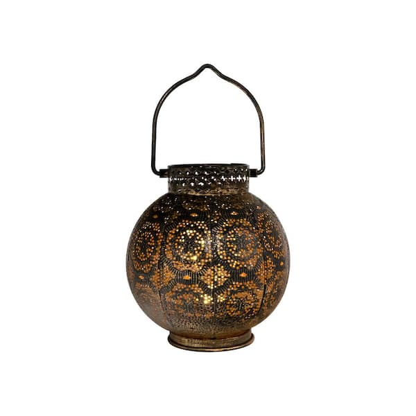 LUMABASE Battery Operated Bronze Metal Lantern with Cut Out Design and White Lights