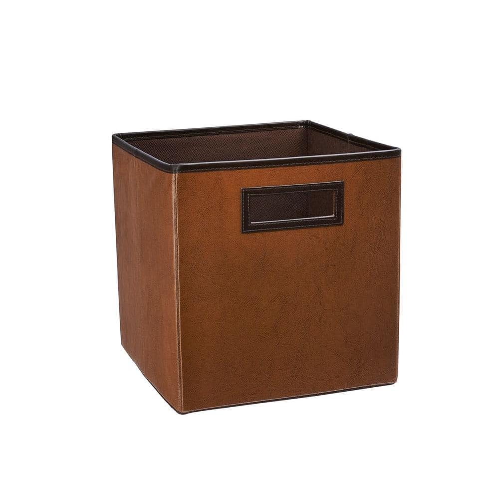 D Brown Fabric Cube Storage Bin, Leather Storage Tote