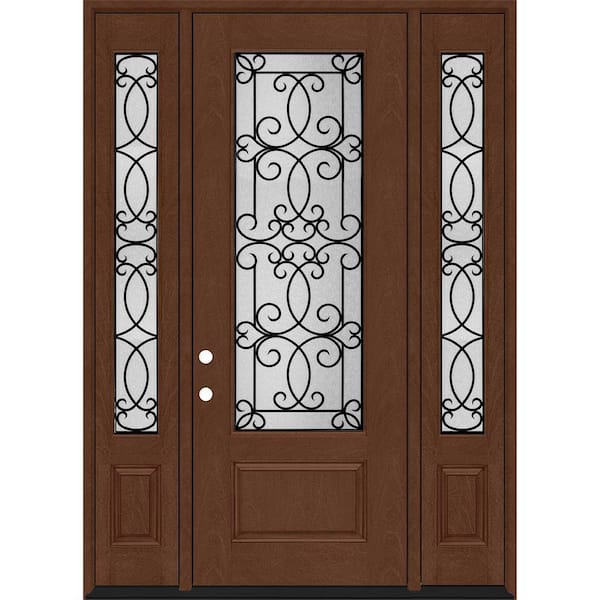 Regency 68 in. x 96 in. 3/4Lite Georgian Decorative Glass RHIS Chestnut Mahogany Fiberglass Prehung Front Door DB 14 in.