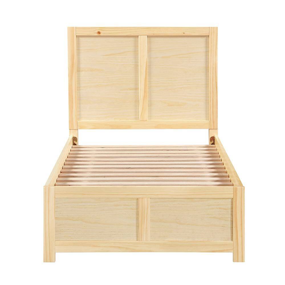 Front view of a natural pine twin platform bed without a mattress, showing the slats.