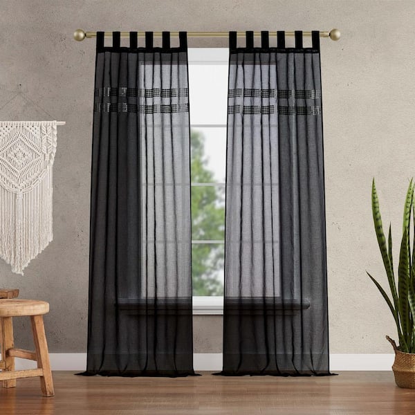 Jessica Simpson Milly Bling Black Faux Linen 38 in. W x 84 in. L Tab Top Tiebacks Sheer Curtain (2-Panels and 2-Tiebacks)