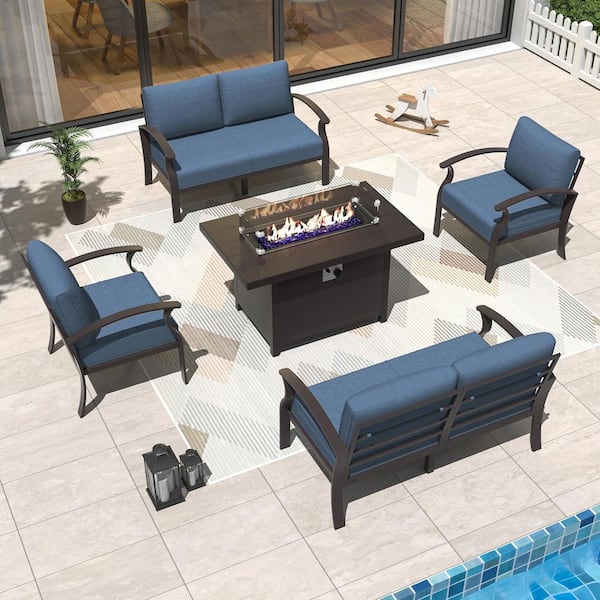 5-Piece Aluminum Outdoor Patio Conversation Set with Armrest, 55000 BTU Propane Firepit Table and Navy Blue Cushions